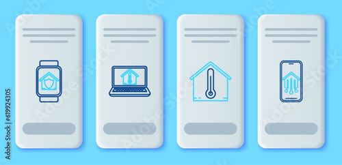 Set line Laptop with house temperature, House, Smart watch under protection and Mobile phone smart home icon. Vector