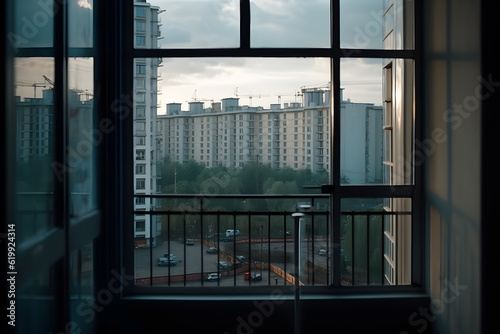 view of urban buildings from apartment window ,generative ai © Leo