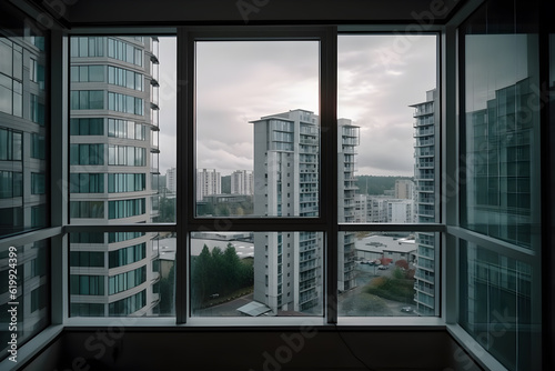 view of urban buildings from apartment window ,generative ai