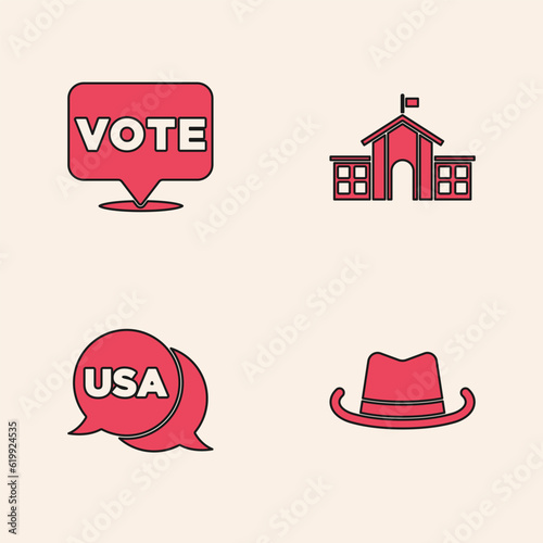 Set Western cowboy hat, Vote, United States Capitol Congress and USA Independence day icon. Vector photo