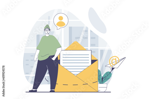 Email service concept with people scene in flat design for web. Man writes and sends letters and promotion newsletters using app. Vector illustration for social media banner, marketing material.