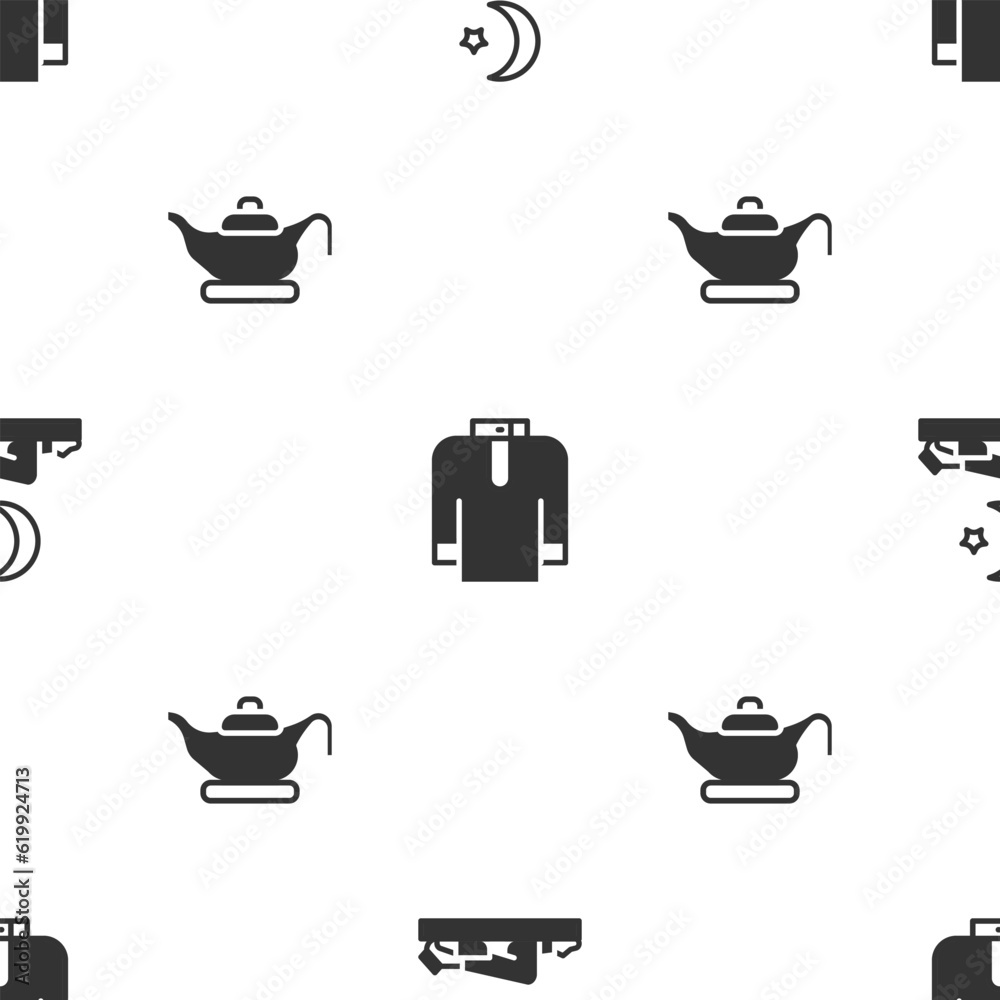 Set Muslim man prays, Shirt kurta and Oil lamp on seamless pattern. Vector