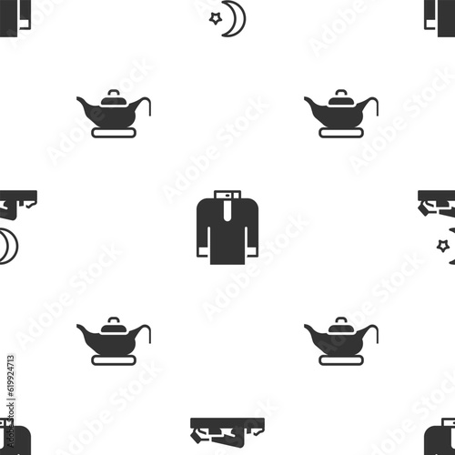 Set Muslim man prays, Shirt kurta and Oil lamp on seamless pattern. Vector