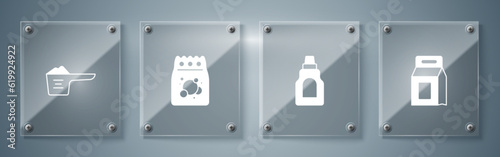 Set Laundry detergent, Bottle for cleaning agent, and Washing powder. Square glass panels. Vector
