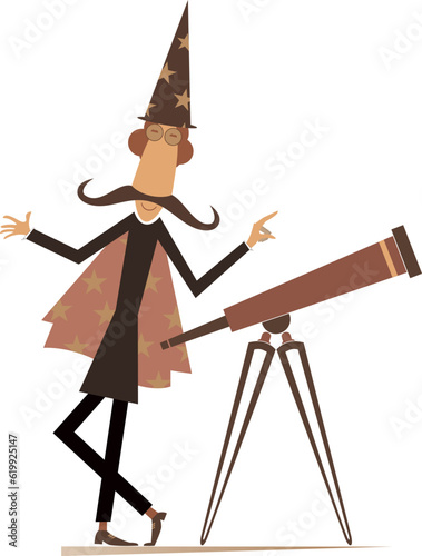 Astronomy scientist or stargazer.
Astronomy scientist or stargazer with telescope. Fantasy wizard in tall hat
