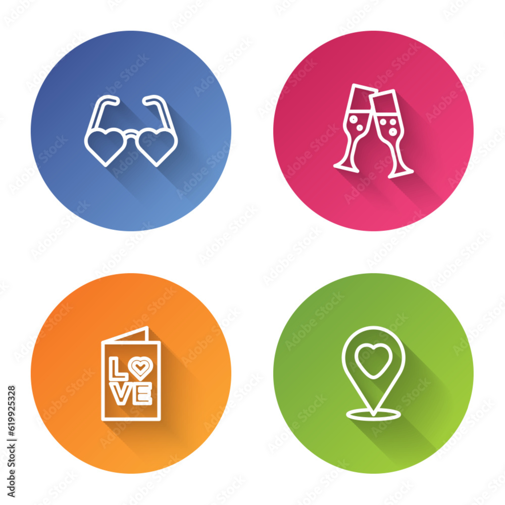 Set line Heart shaped love glasses, Glass of champagne, Valentines day party flyer and Location with heart. Color circle button. Vector Set line Heart shaped love glasses, Glass of champagne, Valentines day party flyer and Location with heart. Color circle button. Vector
