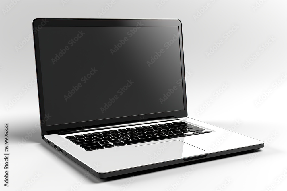 A laptop computer sitting on top of a table. Generative AI. Mockup with space for your design or logo. A laptop computer sitting on top of a table. Generative AI. Mockup with space for your design or logo.