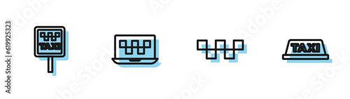 Set line Taxi car roof, Road sign for taxi stand, Laptop call service and icon. Vector