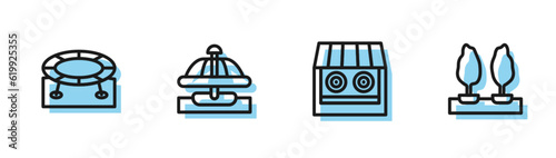 Set line Shooting gallery, Jumping trampoline, Attraction carousel and Forest icon. Vector