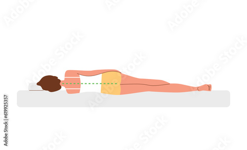 Vector isolated illustration of woman lies on her side, sleeps, rear view, correct posture of the back, Good health concept