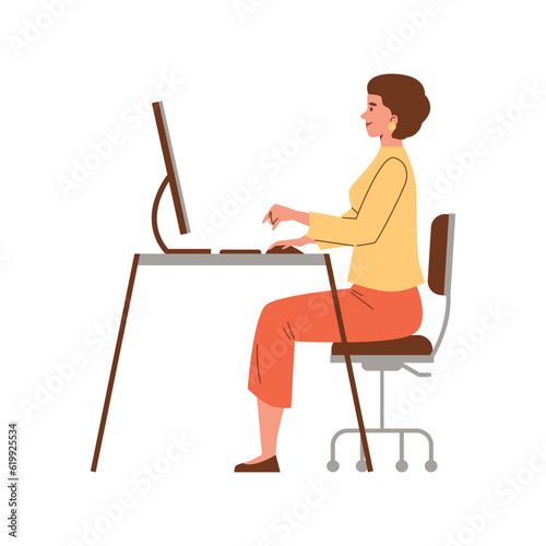 Smiling woman works at computer with straight back flat style