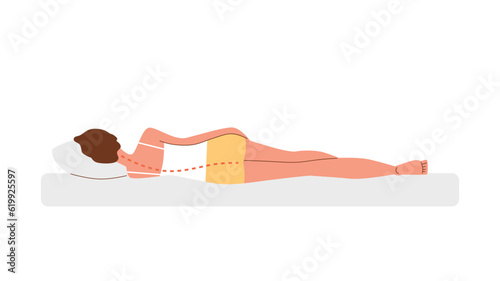 Vector isolated illustration of woman lies on her side, the neck and spine are curve, rear view, Incorrect posture of the back