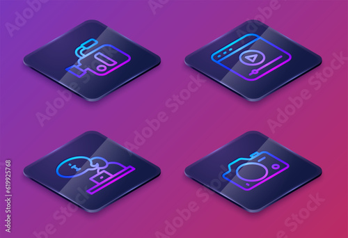 Set Isometric line Cinema camera, Television report, Live stream and Photo. Blue square button. Vector