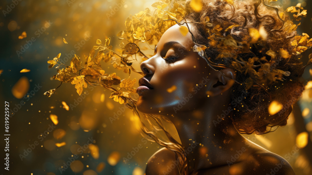 Flourishing Beauty: Girl with Golden Leaves, Generative AI
