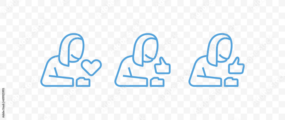 Woman and like or thumb up and heart vector icons collection. Outline person and elements for social network icons set