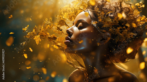 Flourishing Beauty: Girl with Golden Leaves, Generative AI © Robert