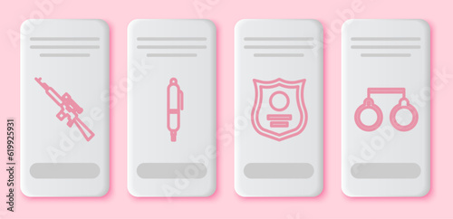 Set line Sniper rifle with scope, Pen, Police badge and Handcuffs. White rectangle button. Vector