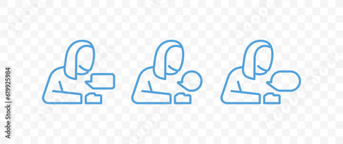 Woman and speech or talk bubble vector icons collection. Outline person and communication concept icons set