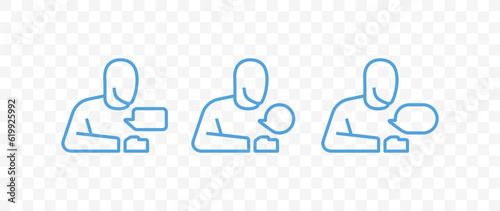Human and speech or talk bubble vector icons collection. Outline person and communication concept icons set