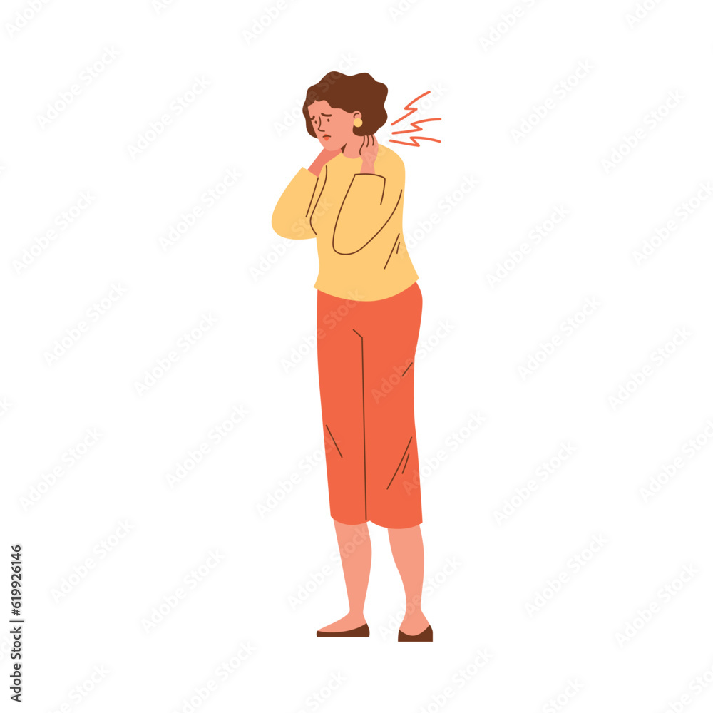 Sad woman with neck pain flat style, vector illustration Sad woman with neck pain flat style, vector illustration