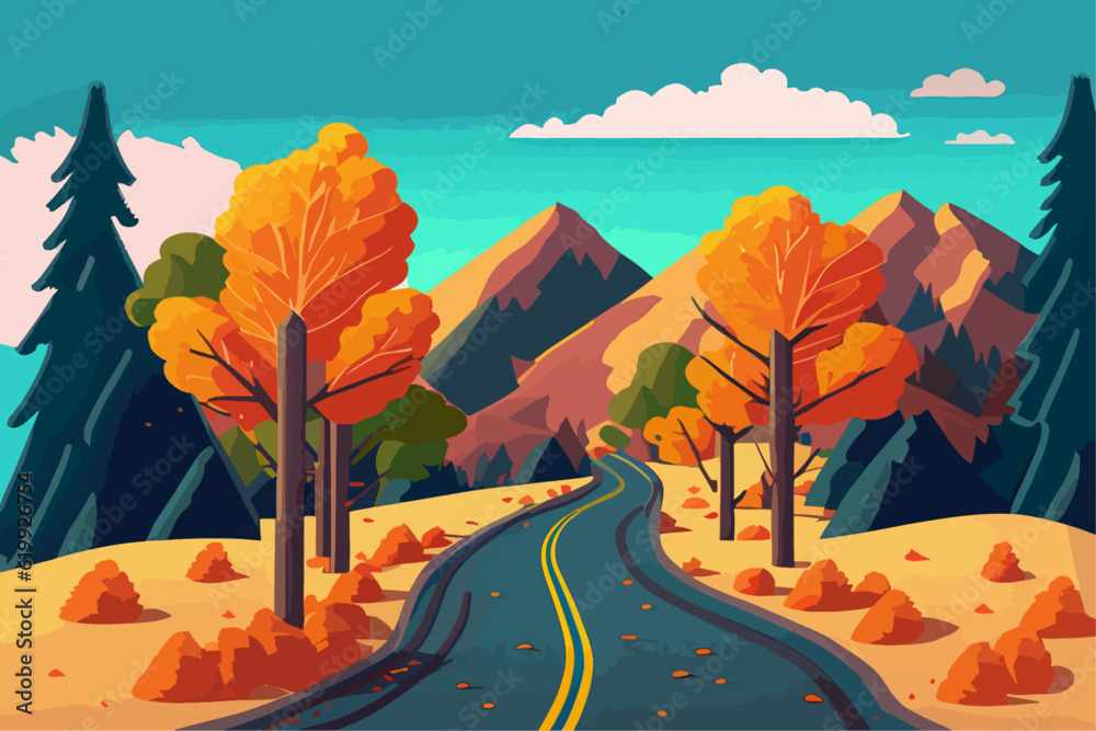 Landscape of mountain empty road in autumn with stones, pines, bushes, orange, trees and mountains.  Flat colorful vector illustration