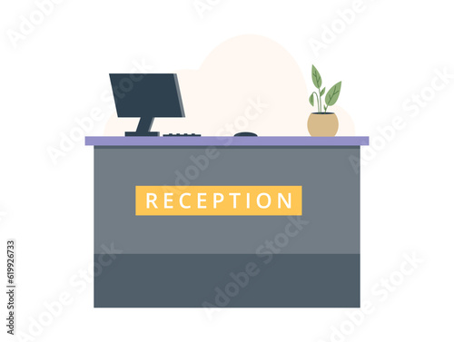 Reception rack with computer and plant flat style, vector illustration