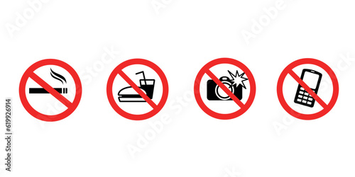 Signs forbidding different actions in various places. Signs are located on a white background.Vector illustration