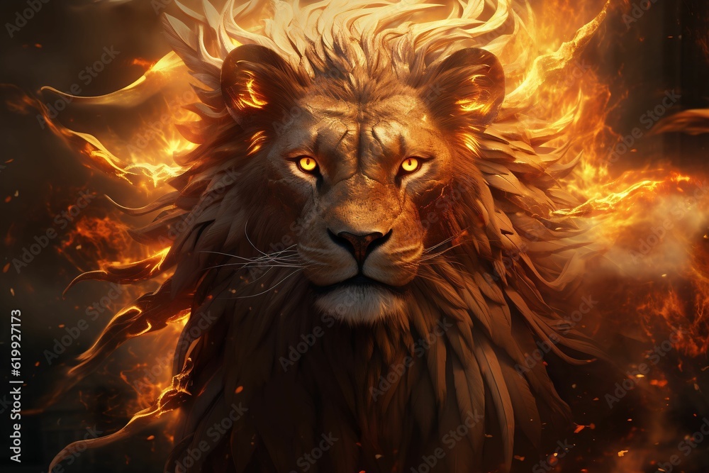 a lion surrounded by fire and flames, on a dark background