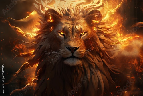 a lion surrounded by fire and flames  on a dark background