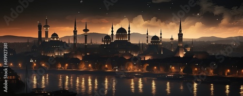 Mosque silhouette at night with reflection in water. illustration