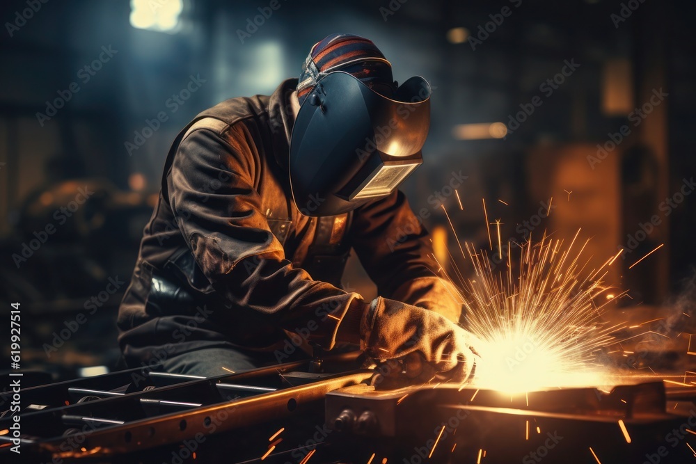 Worker utilizing a MIG/MAG welder to carry out construction tasks in a factory setting. This image captures the expertise and precision involved in welding processes Generative AI Worker utilizing a MIG/MAG welder to carry out construction tasks in a factory setting. This image captures the expertise and precision involved in welding processes Generative AI
