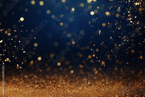 Abstract dark blue and gold bokeh particles on navy blue, complemented by a hint of gold foil texture. A captivating and festive background for the holiday season. Generative AI