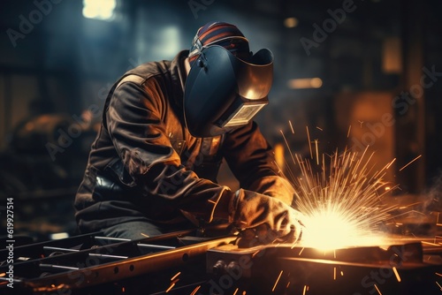 Worker utilizing a MIG/MAG welder to carry out construction tasks in a factory setting. This image captures the expertise and precision involved in welding processes Generative AI