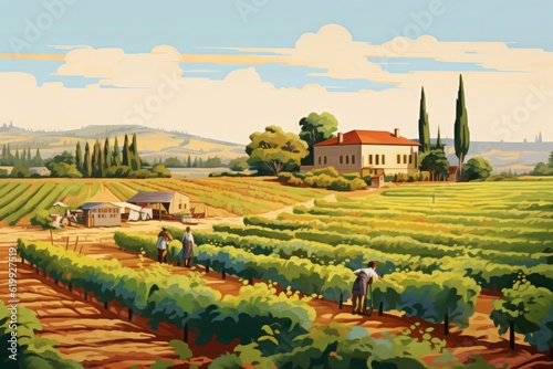 Harvesting wine grapes: People diligently work in a picturesque vineyard landscape, tending to the grape trees on a winery field. The backdrop features a charming winery villa, Generative AI