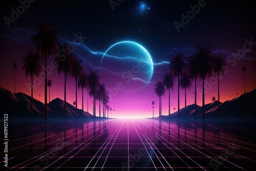 Neon cyberpunk flashback  A retro sci-fi background reminiscent of the 80s and 90s  featuring captivating neon light grid landscapes. This visually striking composition Generative AI