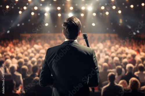 Captivating stage presence: View from behind, a man stands on a public stage, microphone in hand, exuding confidence and commanding the attention of the audience. Generative AI