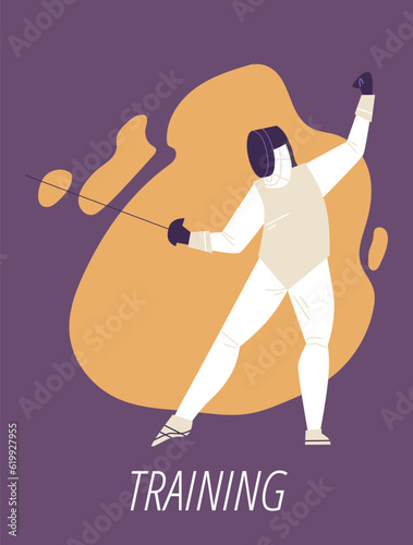 Colorful poster of Fencing training, Vector Fencer at tournament, swordsman in protective sportswear with rapier