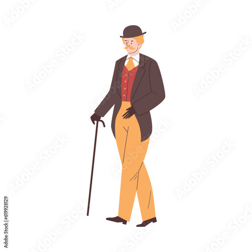 Victorian era man in suit and hat with walking cane, flat vector illustration isolated on white background.