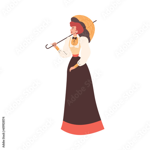 Victorian woman with an umbrella in fashion dress, 18th, 19th century, cartoon vector isolated illustration