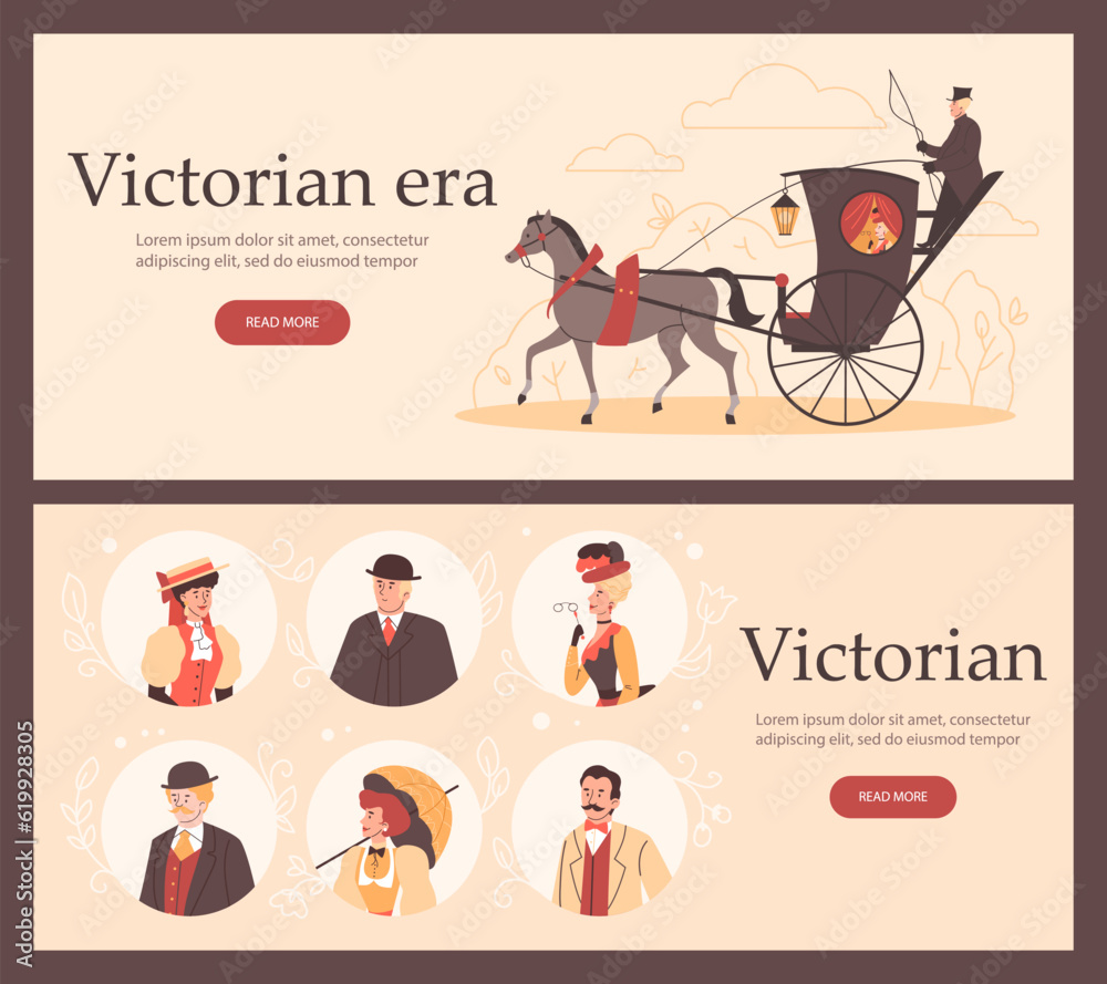Set of website banner templates about victorian era flat style, vector illustration