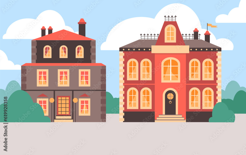 Bright colorful victorian buildings flat style, vector illustration