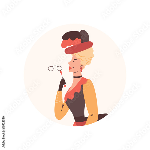 Victorian woman in hat with feathers with glasses in hands in fashion dress, 19th century, cartoon vector illustration