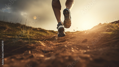 Close-up of legs of a male runner on a dirt road in the nature with sunlight. Outdoor trail running training.