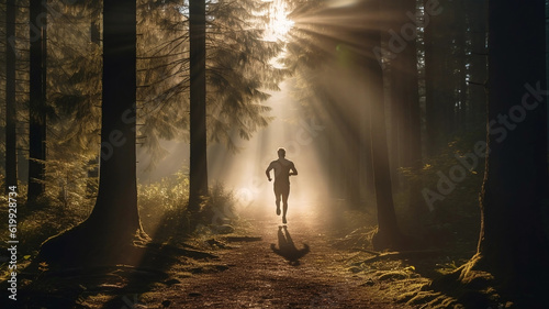 Running in the nature with sun rays coming through tall trees. Silhouette of a trail runner. 