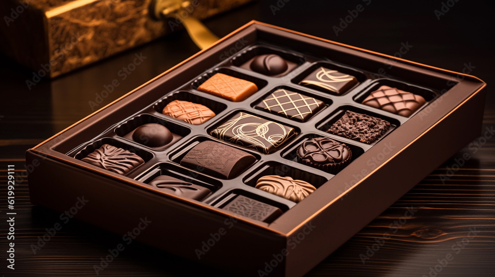 Close-up photography of box of handcrafted chocolate, luxury dessert. Generative AI Close-up photography of box of handcrafted chocolate, luxury dessert. Generative AI