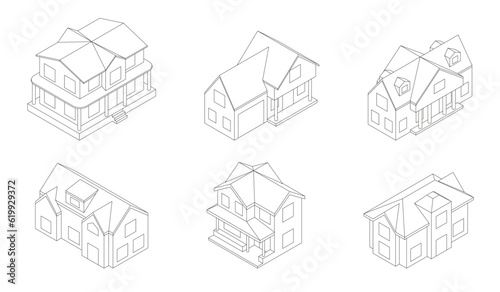 Isometric set of mansions in outline. Two storey houses with different roofs in isometric view.