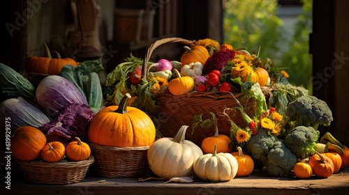 Autumn still life with pumpkins and other vegetables on a wooden table.   Generative AI.