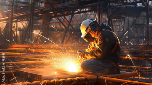 worker with protective mask welding steel structure in construction site, closeup. Generative AI.