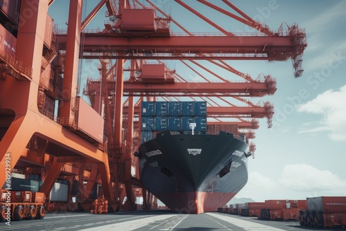 View from the ground to a huge port crane. Loading containers from a railway platform onto a container ship. Global of cargo transportation and logistics concept. 3D illustration.