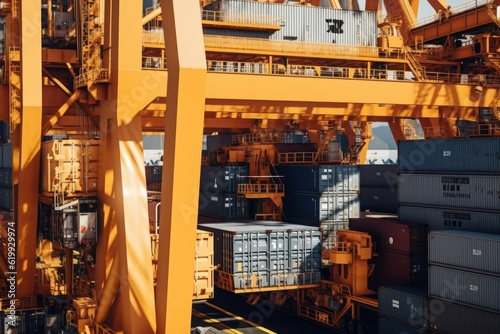 Close up view of a huge port crane. Containers are stacked on the loading platform and ready to be loaded onto the vessel. International freight shipping concept. 3D illustration.